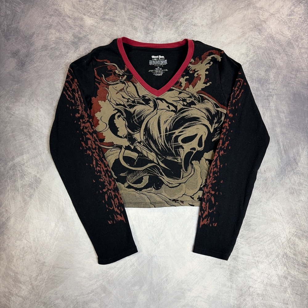 Bioworld Ghost Face Long Sleeve Top Womens XL Black Scream Graphic V-Neck Shirt
